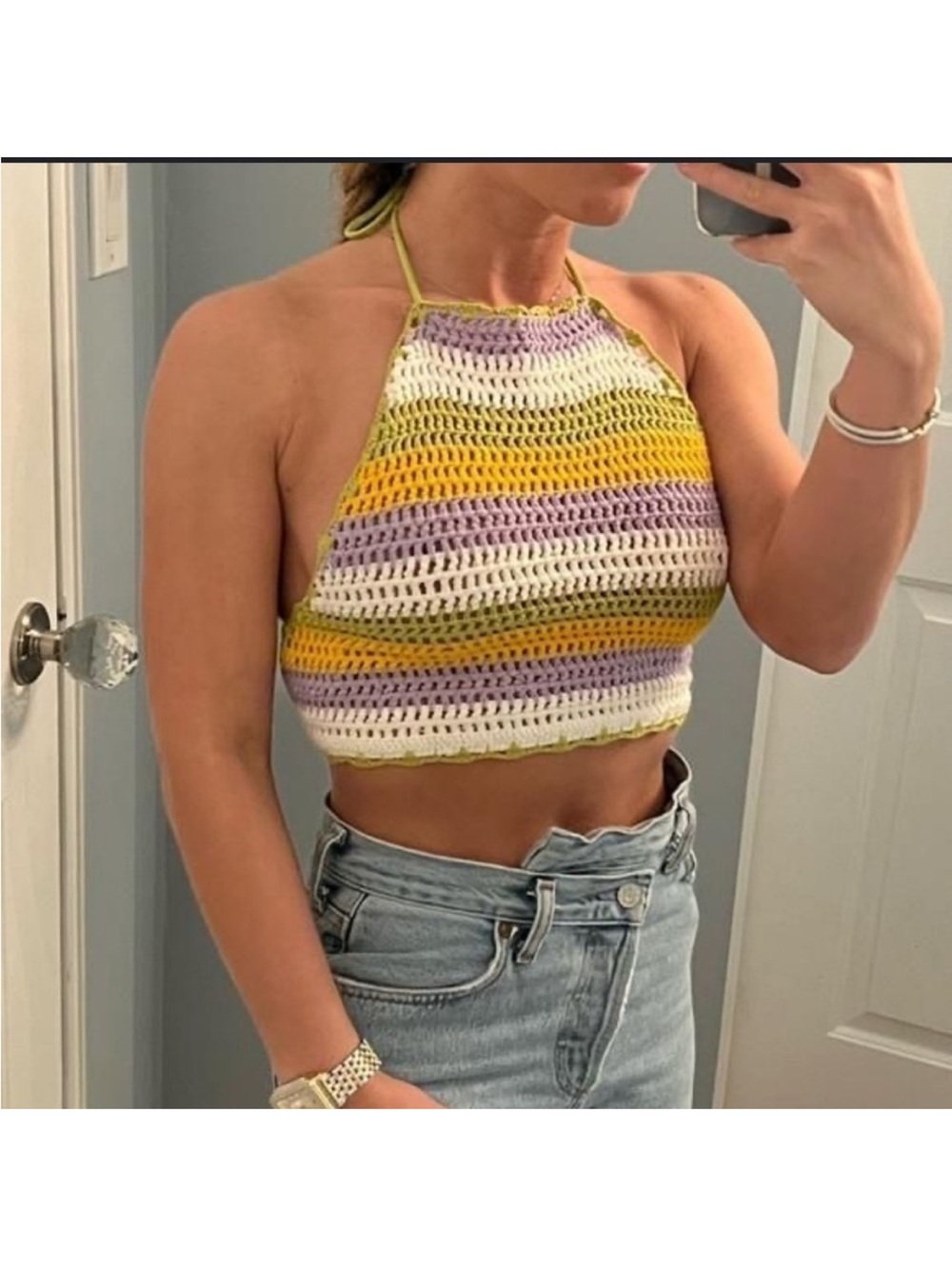 Zara Crochet Halter Crop Striped Tie Back Multi Boho Festival Top Women Small
